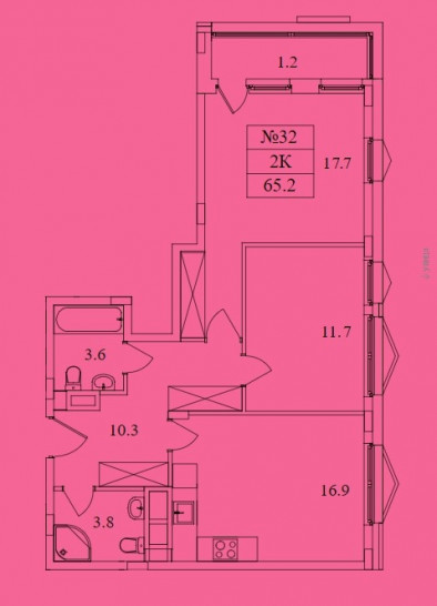 Двухкомнатная квартира 65.2 м²
